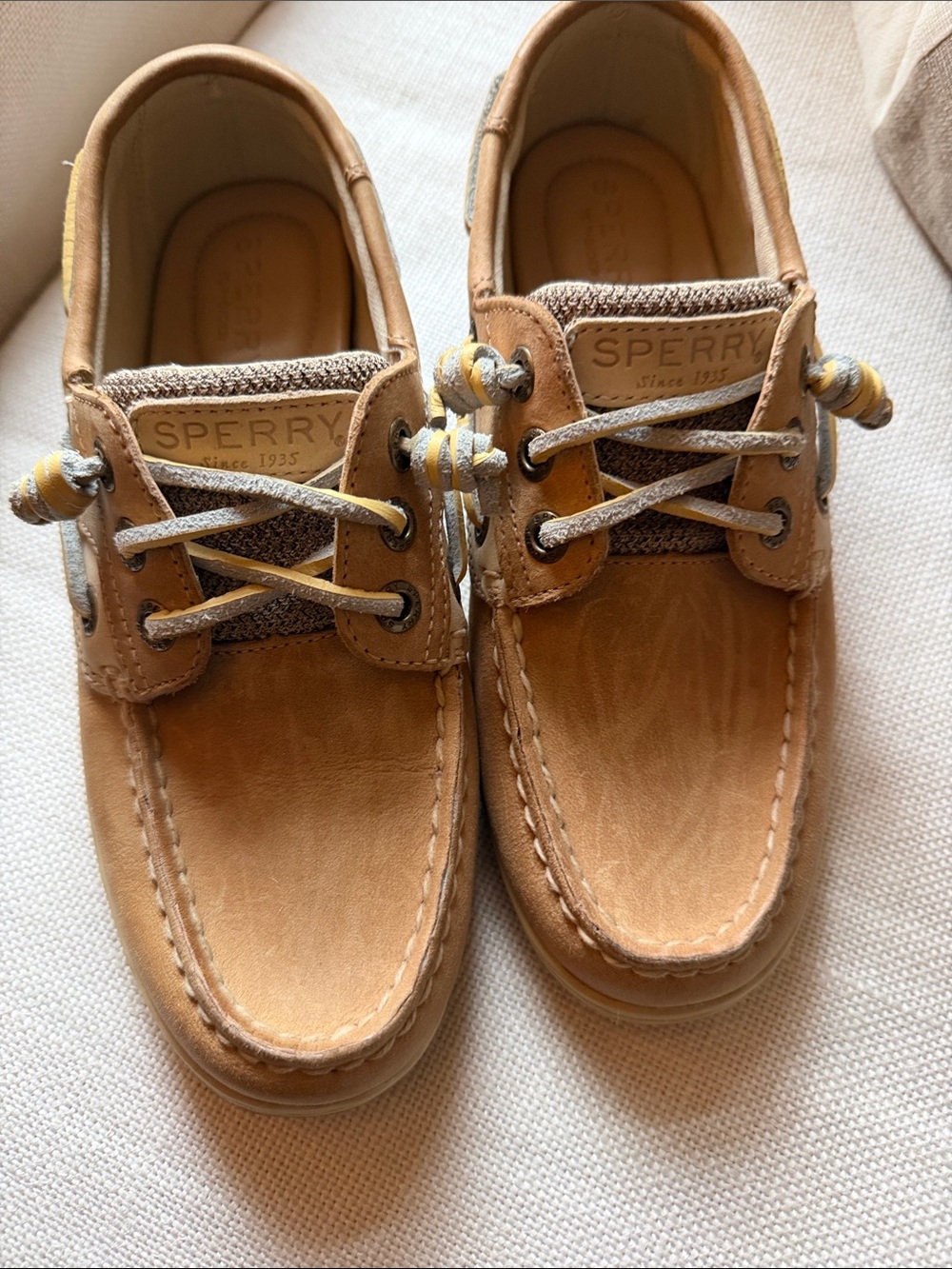 Sperry Tan and Gray Two-Tone Leather Boat Shoes - Girls size 3.5 or women size 5